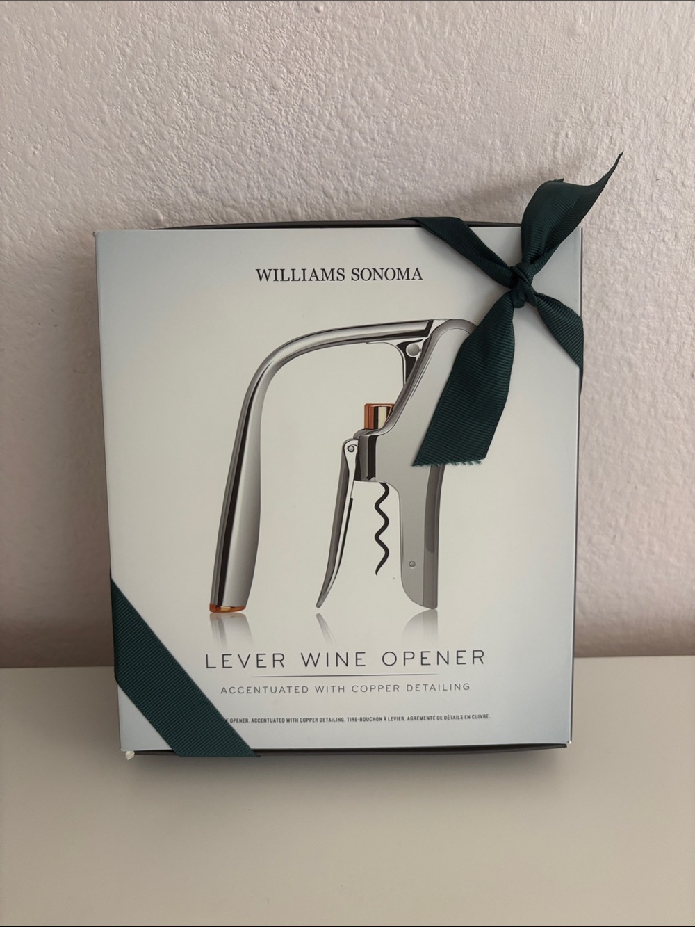 Williams Sonoma Lever Wine Opener - Silver with Copper Accents and Green Ribbon